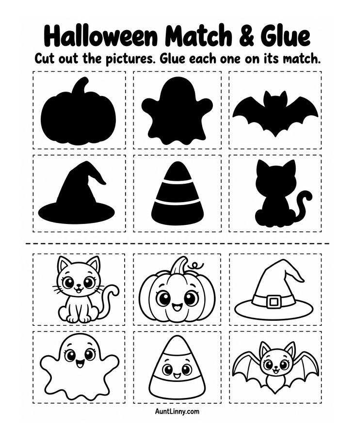 Free Halloween match and glue preschool worksheet with pumpkin, ghost, bat, witch hat, candy corn and cat shadow matching activity.