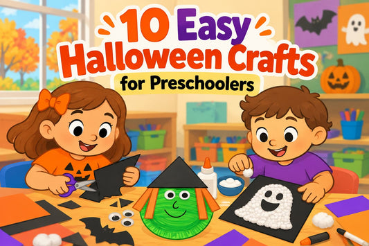 10 easy Halloween crafts for preschoolers with children making a paper plate witch, cotton ball painted ghost and bat craft
