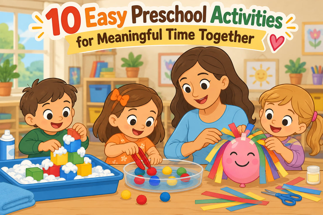 Preschoolers and caregiver enjoying easy crafts, sensory play and fine motor activities together