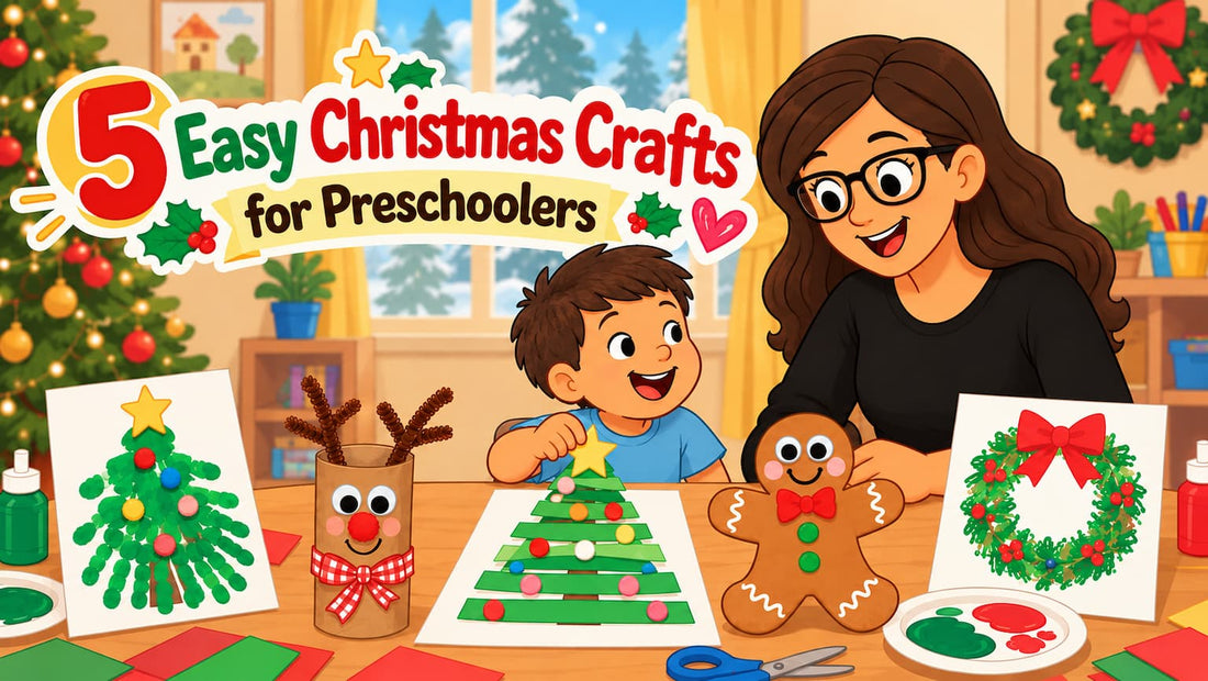 Five easy Christmas crafts for preschoolers, including a handprint Christmas tree, cardboard tube reindeer, paper strip tree, gingerbread man, and painted wreath, with a mother and child.