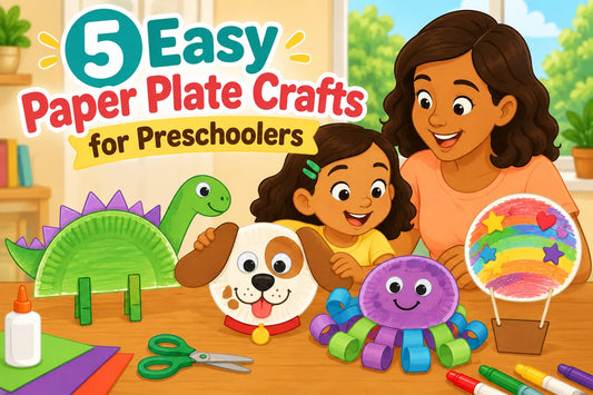 5 easy paper plate crafts for preschoolers including dinosaur, puppy, octopus and hot air balloon crafts