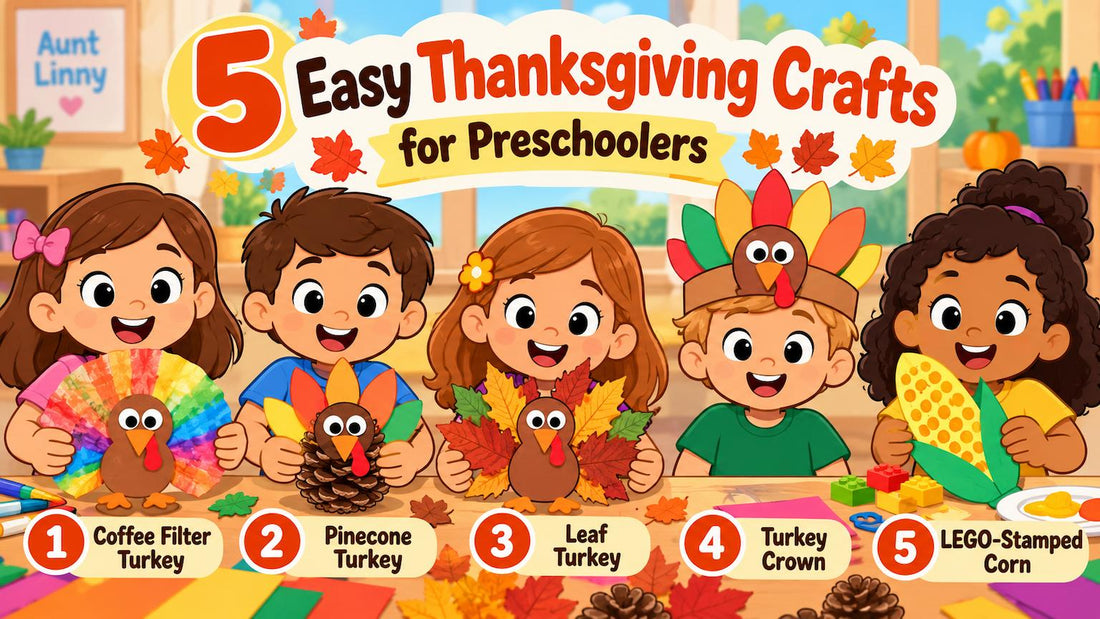 5 easy Thanksgiving crafts for preschoolers featuring coffee filter turkey, pinecone turkey, leaf turkey, turkey crown and LEGO-stamped corn