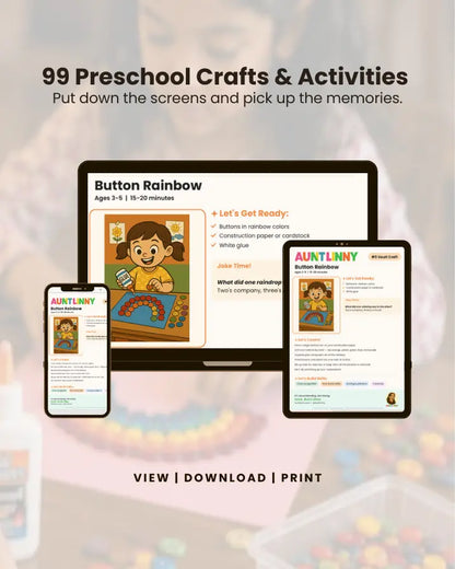 	
99 preschool crafts and activities PDF bundle for children ages 2-5, shown on phone, tablet, and desktop