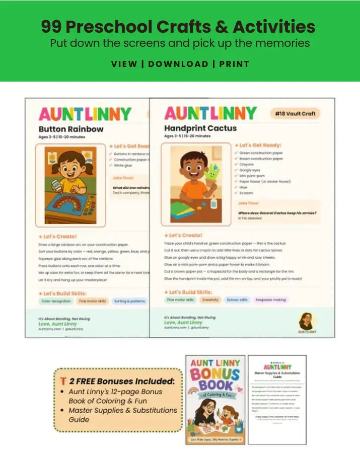 Example Aunt Linny preschool craft activity sheet with supplies list, instructions, and skill-building information for young children