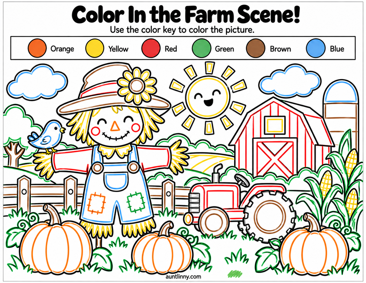 Free preschool farm coloring worksheet featuring a smiling scarecrow, pumpkins, tractor, barn, cornfield, and color-coded outlines to help young children identify colors.