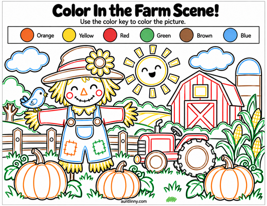Free preschool farm coloring worksheet featuring a smiling scarecrow, pumpkins, tractor, barn, cornfield, and color-coded outlines to help young children identify colors.