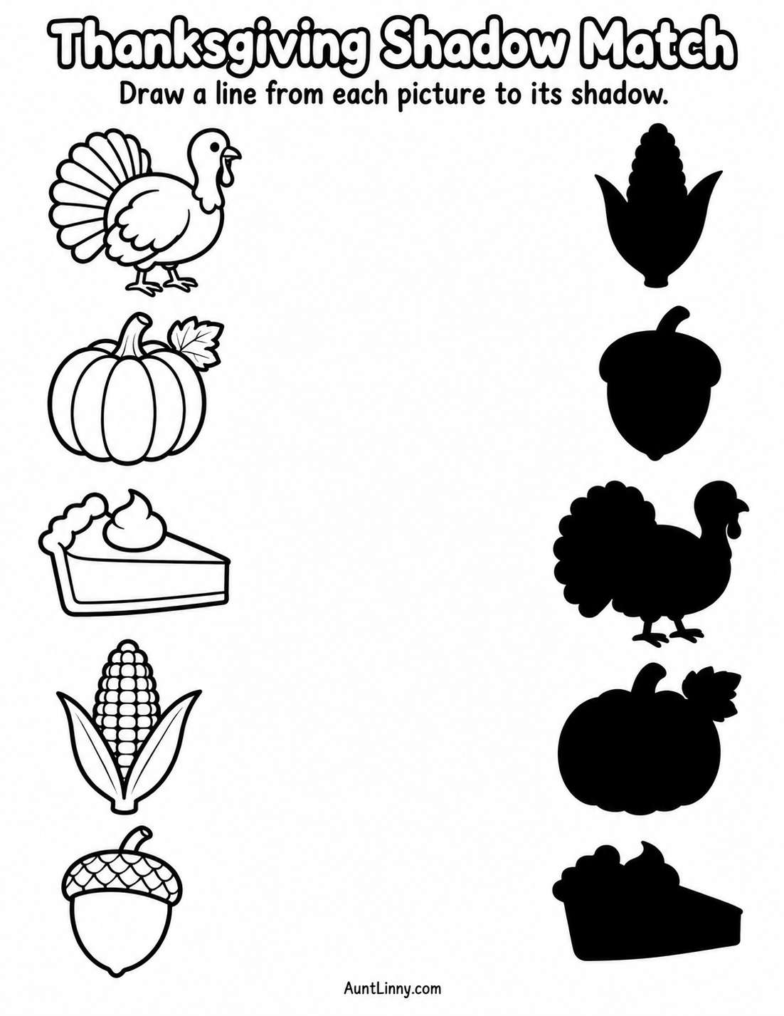 Thanksgiving shadow matching worksheet with a turkey, pumpkin, pumpkin pie, corn, and acorn to match to five black silhouettes.