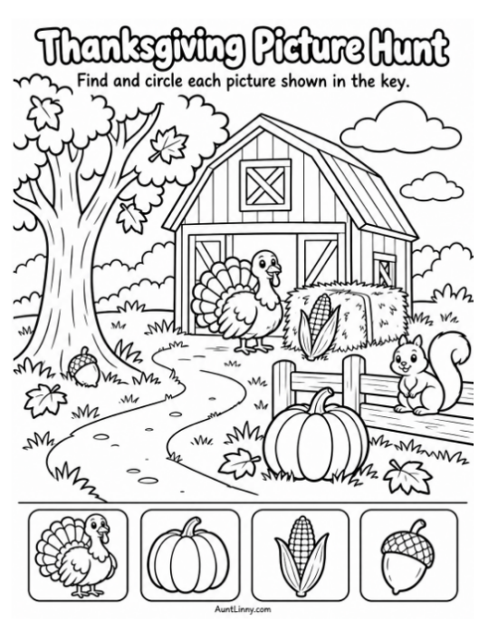 Thanksgiving picture hunt worksheet featuring a fall farm scene with a barn, turkey, pumpkin, corn, squirrel, and acorn to find.