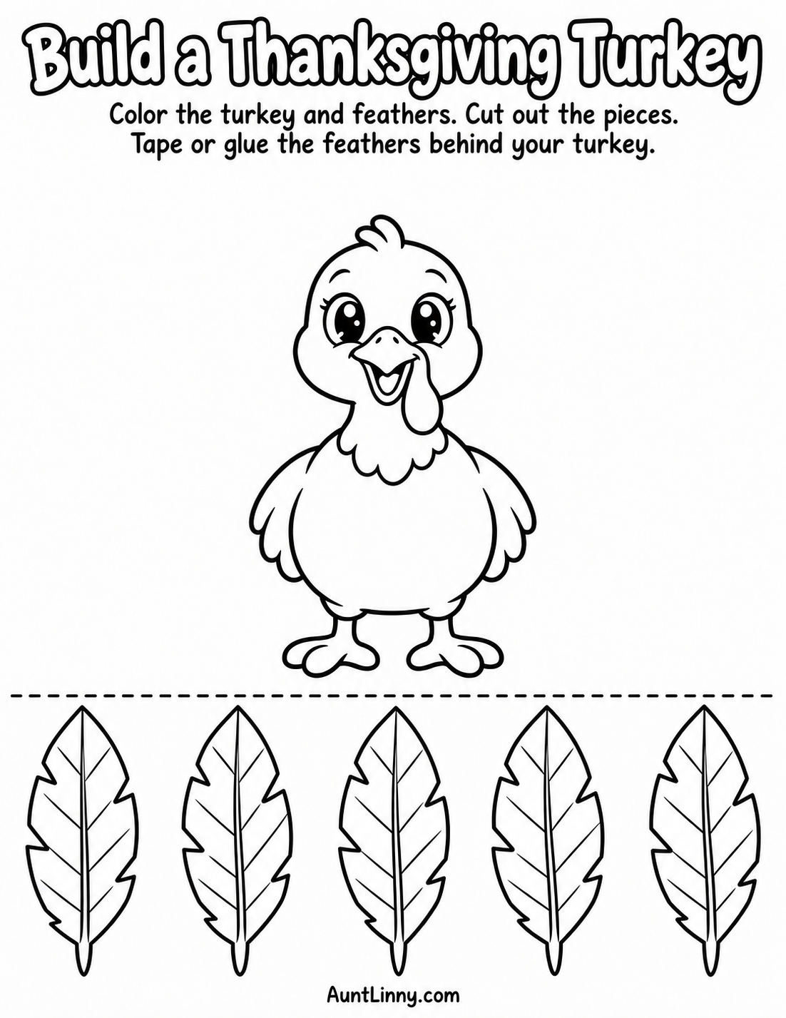 Build a Thanksgiving Turkey printable with a turkey body and five separate feathers to color, cut out, and glue together.
