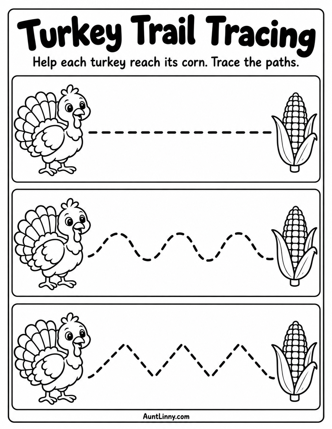 Free Thanksgiving turkey tracing worksheet for preschoolers with straight, wavy, and zigzag paths leading to corn.