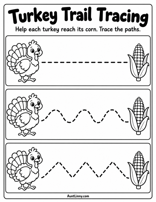 Free Thanksgiving turkey tracing worksheet for preschoolers with straight, wavy, and zigzag paths leading to corn.