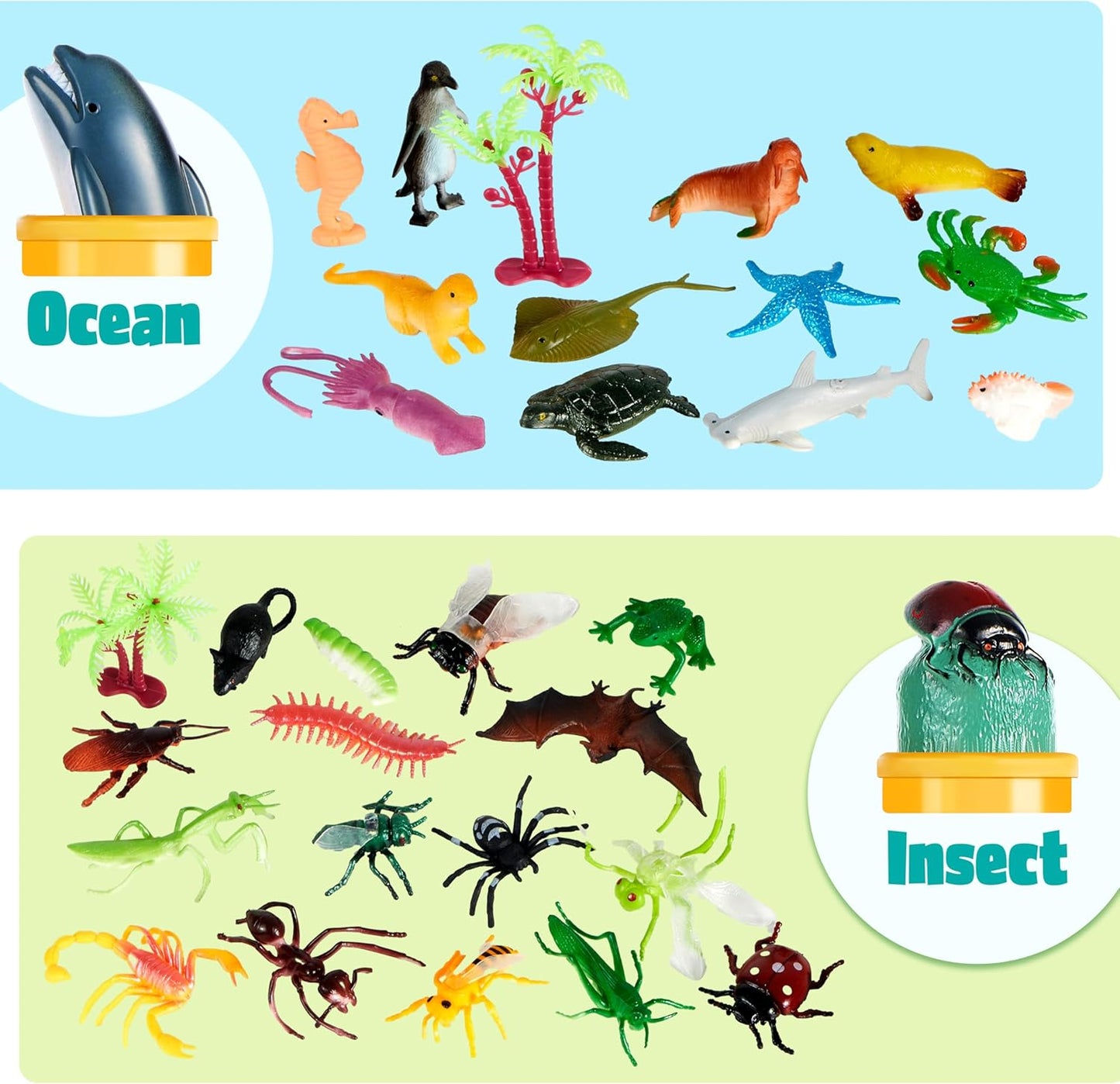 Animal Figures, Small, 5 Themed Sets for Sensory Bins, 69 pieces