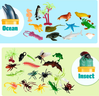 Animal Figures, Small, 5 Themed Sets for Sensory Bins, 69 pieces