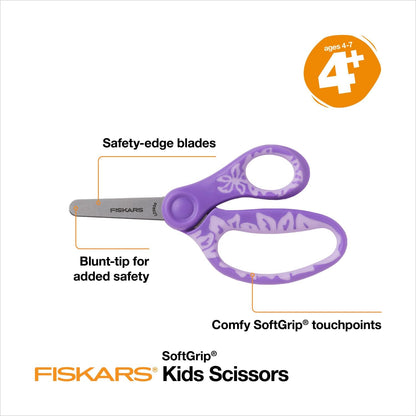 Fiskars 5" SoftGrip Blunt-Tip Scissors for Kids Ages 4-7 (3-Pack) - Blue, Purple, and Pink Designs