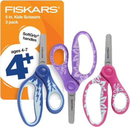 Fiskars 5" SoftGrip Blunt-Tip Scissors for Kids Ages 4-7 (3-Pack) - Blue, Purple, and Pink Designs
