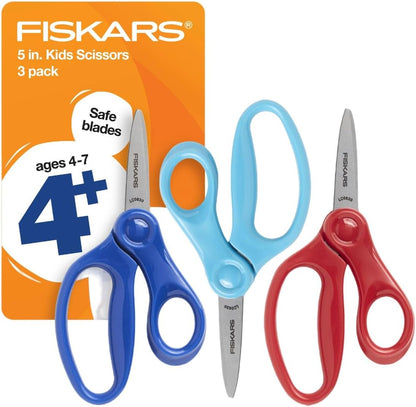 Fiskars 5" Pointed-Tip Scissors for Kids 4-7 (3-Pack) - Red, Blue, Turquoise