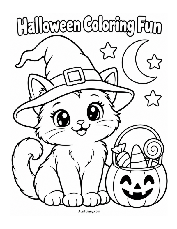 Halloween printable - coloring page for preschoolers - cat witch jack o lantern