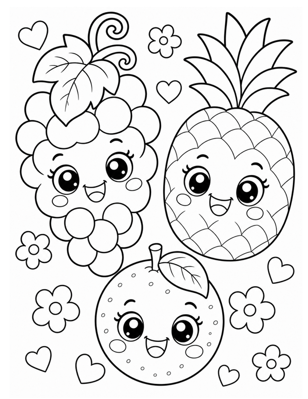 Fruit Coloring Page - grapes pineapple orange - Free Printable