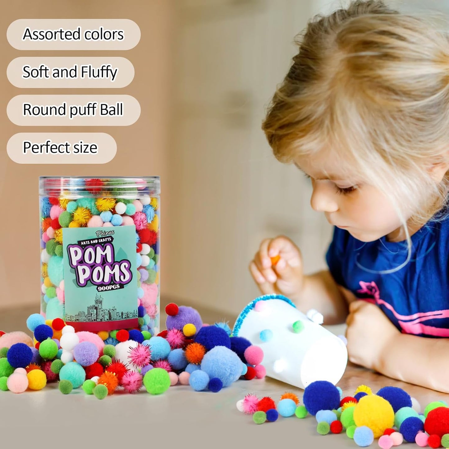 Pompoms, 900 pieces, multiple sizes