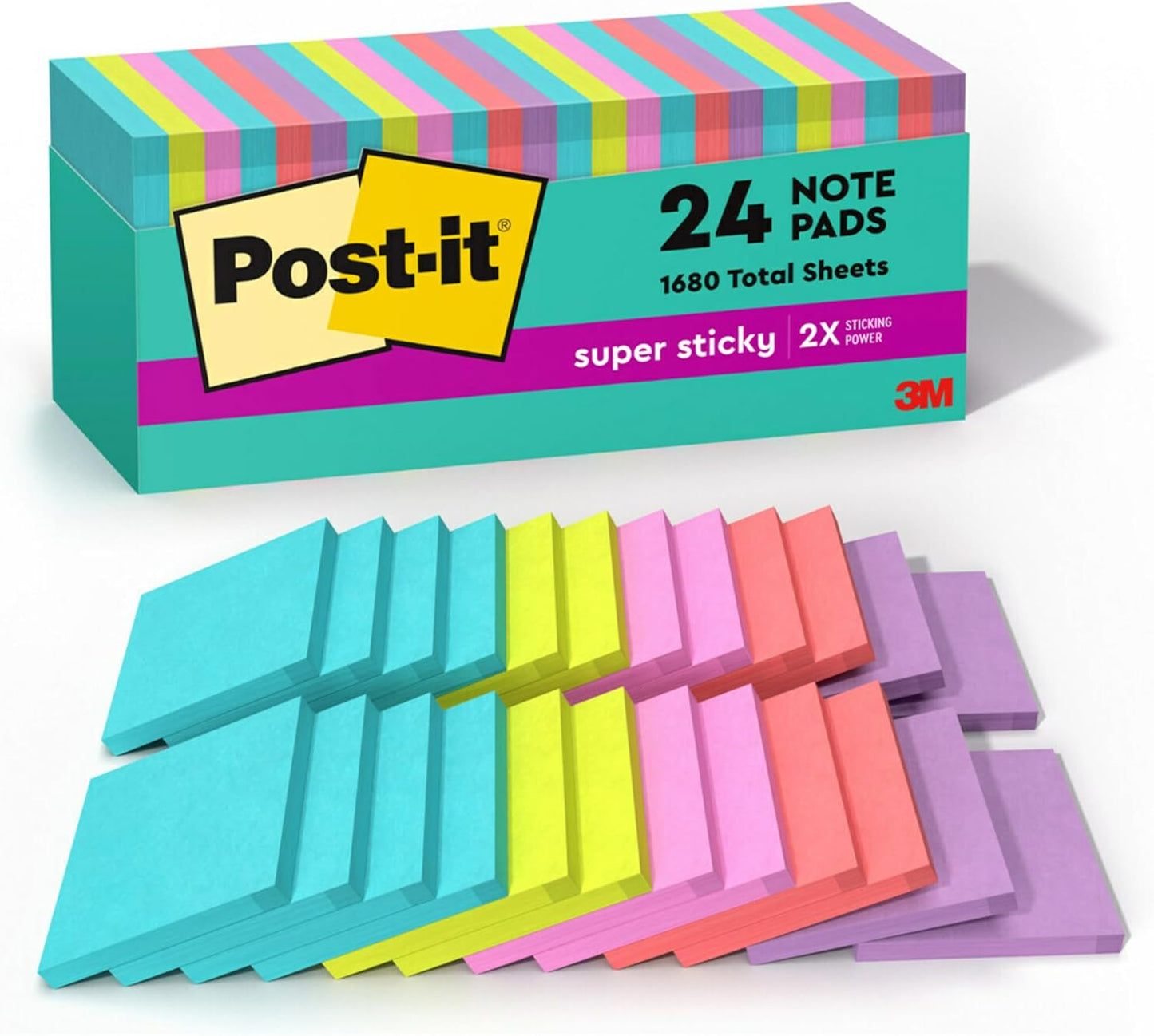 Post-it Super Sticky Neon Color Notes, 24 Sticky Note Pads, 3 x 3 in.