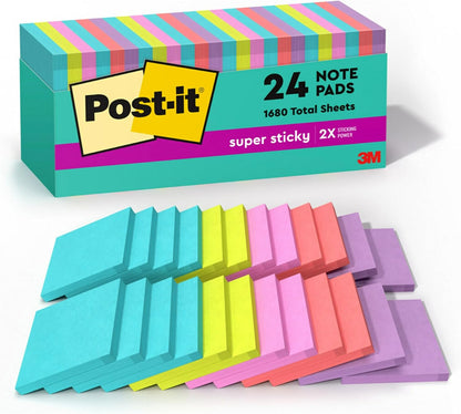 Post-it Super Sticky Neon Color Notes, 24 Sticky Note Pads, 3 x 3 in.