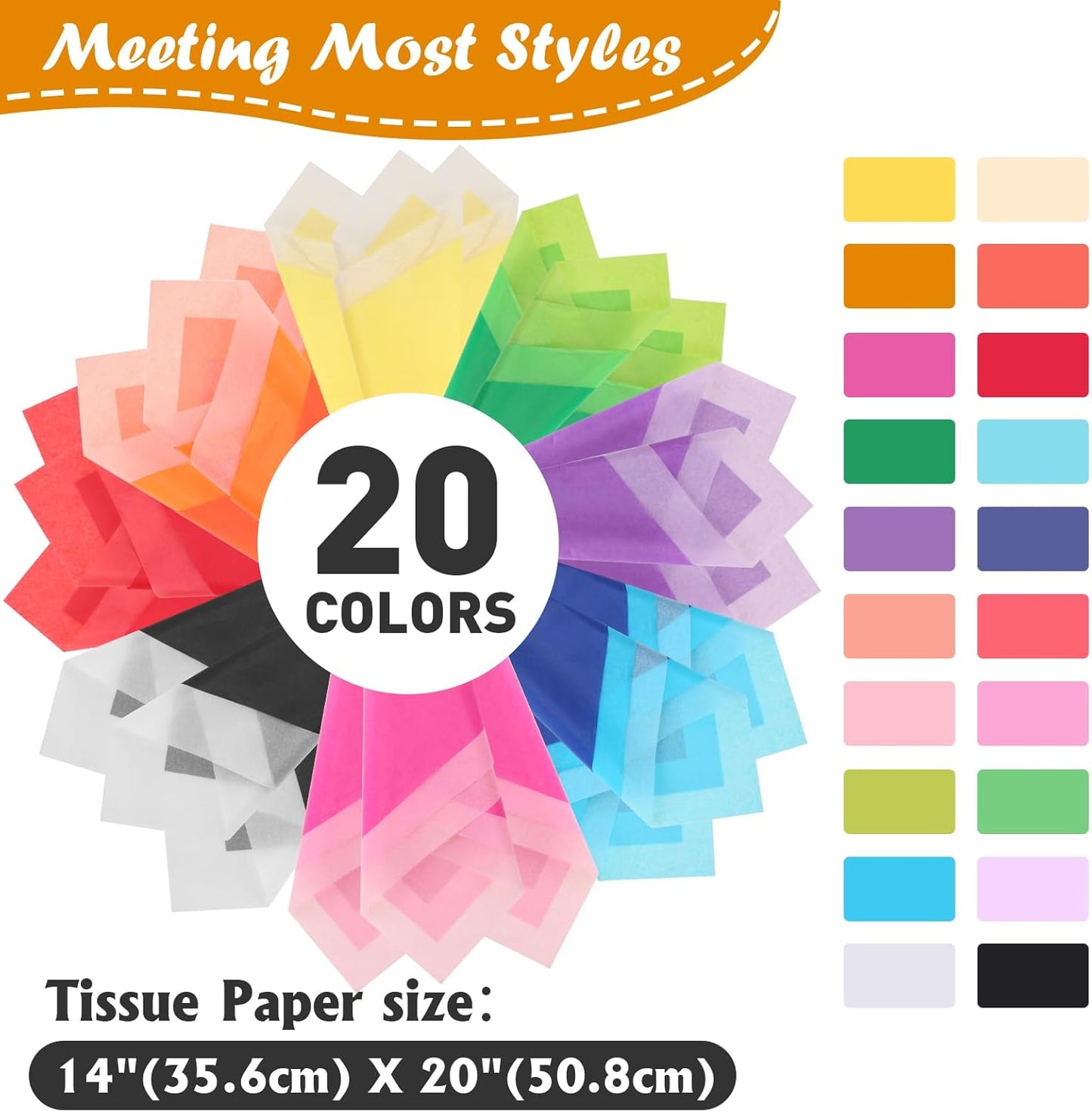 200 Sheets Tissue Paper, 20 Colors 14" X 20" Each