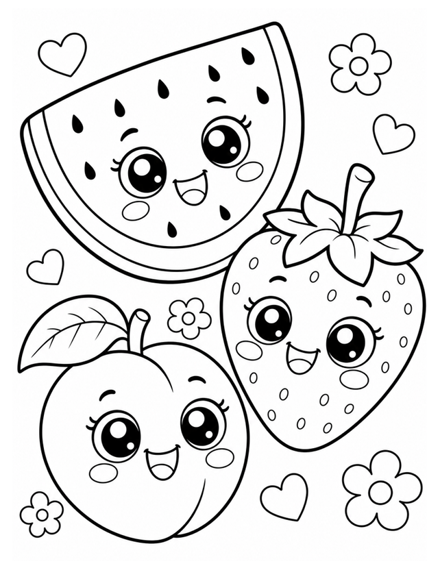 Fruit Coloring Page - watermelon strawberry peach - Free Printable