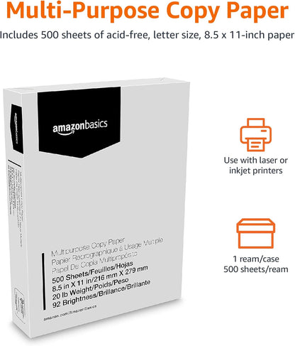 Multipurpose Copy Printer Paper, 8.5 x 11 Inches, Bright, White, 1 Ream (500 Sheets)