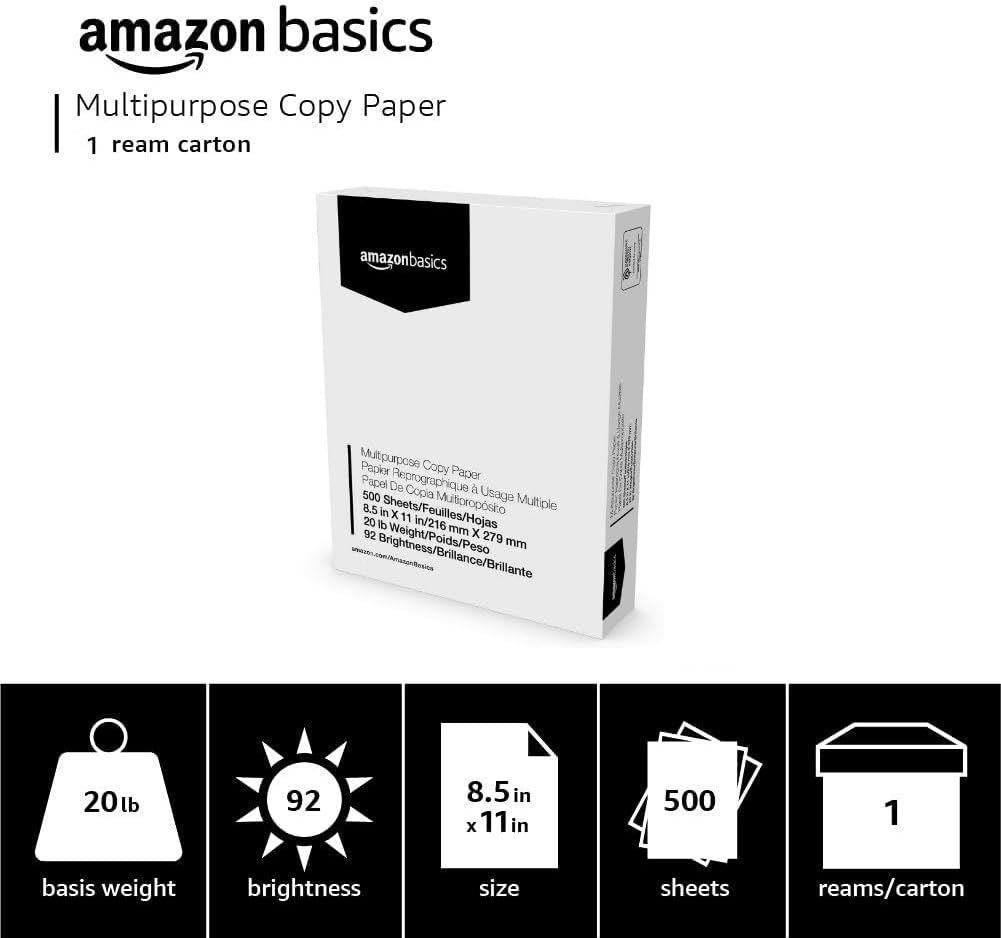 Multipurpose Copy Printer Paper, 8.5 x 11 Inches, Bright, White, 1 Ream (500 Sheets)
