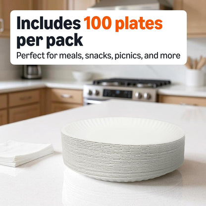 9" Uncoated White Paper Plates, 100 Count