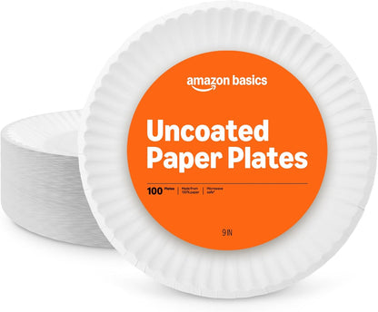 9" Uncoated White Paper Plates, 100 Count